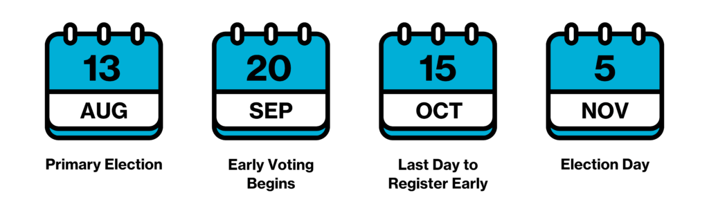 August 13: Primary Elections

September 20: Early Voting Begins

October 15: Last Day to Register Early

November 5: Election Day